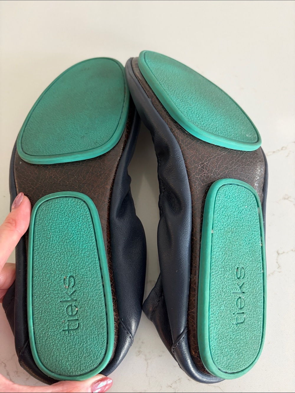 Tieks Navy Leather Ballet Flats with Teal Heel Tab - Picture 3 of 5